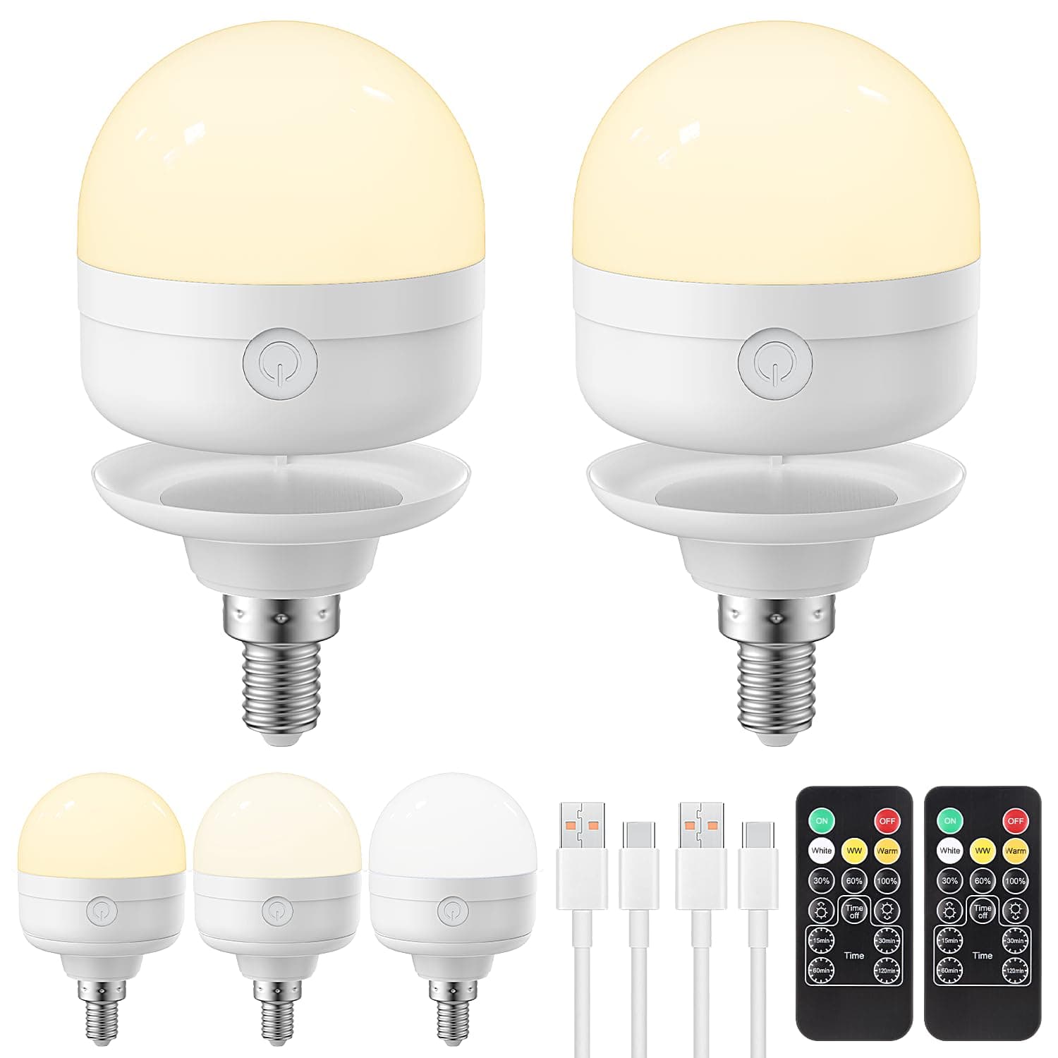 Rechargeable Light Bulb, E14 Dimmable Light Bulb with Magnetic Base Detachable, 3 Color 6W Portable Battery Operated Bulbs with Remote Control & Timer for Non Hardwired Lamps, Emergency, 2 Pack