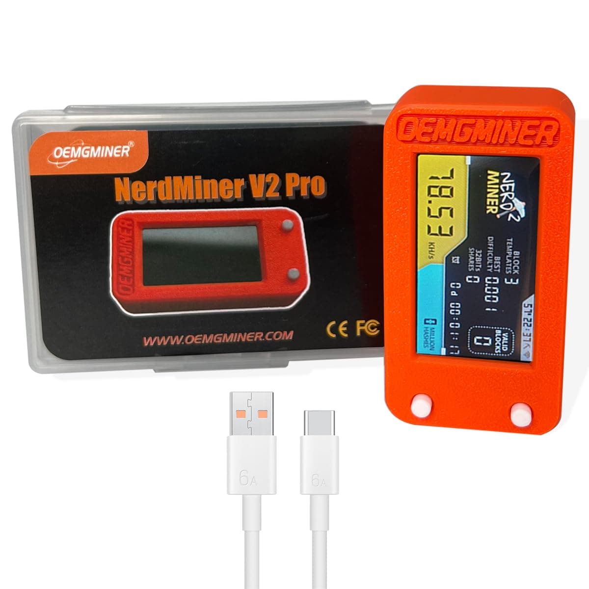 New NerdMiner V2 Pro 78KH/s T-Display S3 1.6.3 Bitcoin Solo Lottery Miner Win 3.125 BTC with Low Power Consumption Crypto Nerdminer with Orange Case and Type-C Data Cable