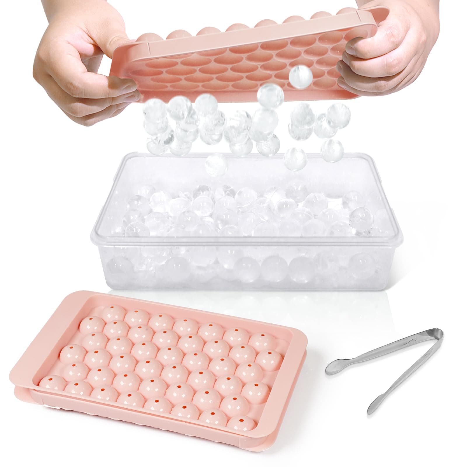 WIBIMEN Ice Cube Tray with Lid and Bin - Round Ice Trays for Freezer with Lid - Ice Cube Trays for Freezer with Ice Container (0.8"-2PACK Pink)