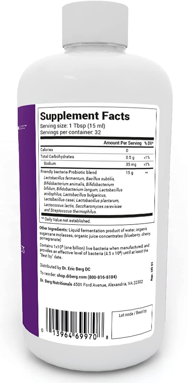 Dr. Berg's Friendly Probiotic Liquid Supplement Drink Mix w/ 12 Live Probiotics Strains & Lactobacillus Acidophilus - Digestive Health, Immune System & Gut Support for Men Women & Kids -1 Month Supply