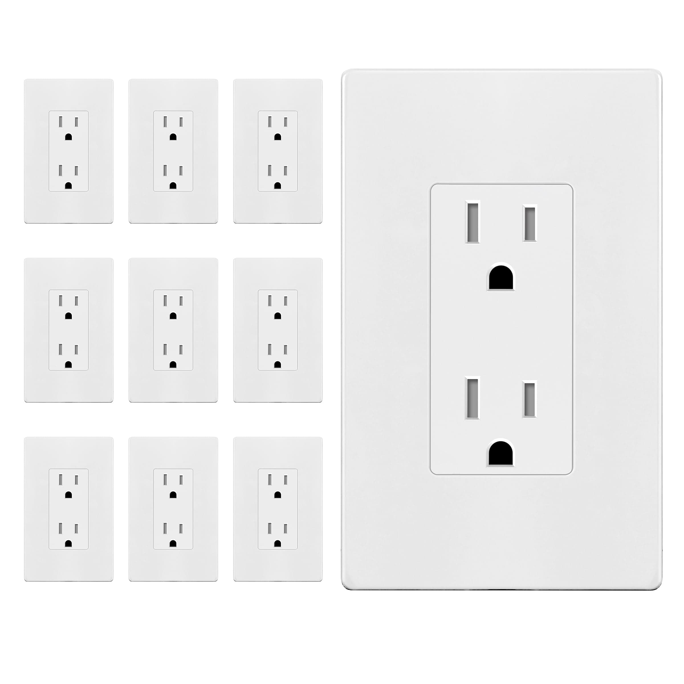 ENERLITES 10 Pack White Decorator Receptacle with Screwless Wall Plate, Standard Electrical Wall Outlet, 15A 125V, Self-Grounding, 2-Pole, 3-Wire, 5-15R, UL Listed, 61502-TR-WSID, Tamper Resistant
