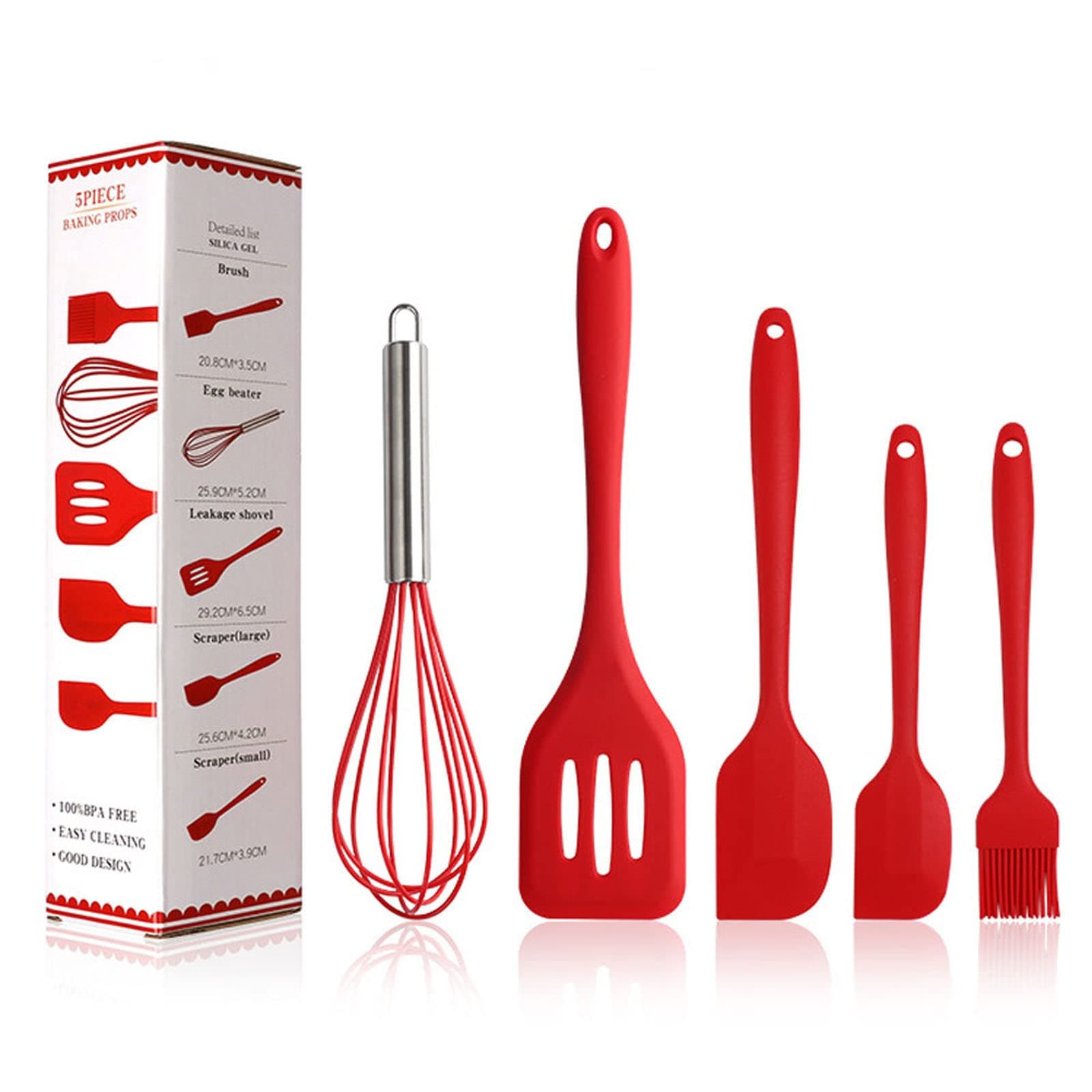 Silicone Spatula Set, Red 5 Piece Kitchen Utensils Set, Basting Brushes, Pastry Oil Brush, Egg Beater, Slotted Turner, Stainless Steel Core Silicone Cooking Spatulas Non-Stick