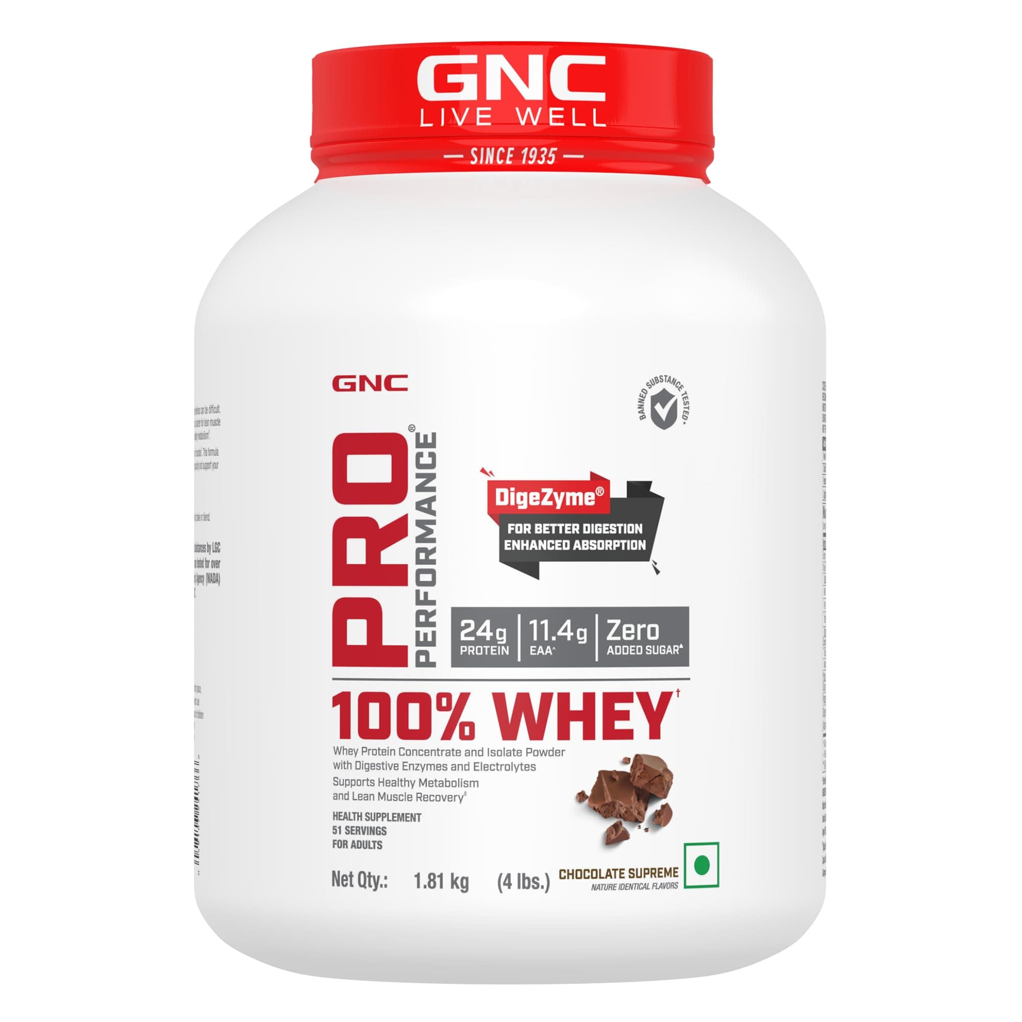 GNC Pro Performance 100% Whey Protein | 4 lbs | Muscle Growth | Muscle Recovery | DigeZyme® For Easy Digestion | Informed Choice Certified | 24g Protein | 5.5g BCAA | Chocolate Supreme | 1.81 kg