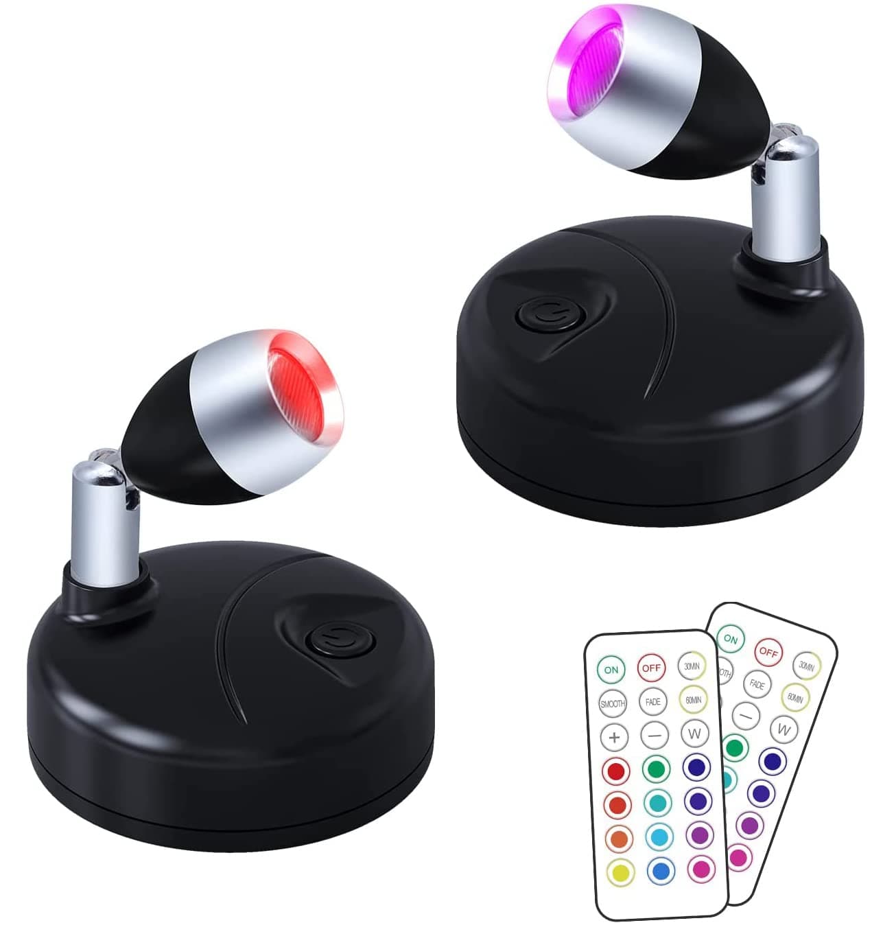 Wireless LED Spotlight w/ Remote Control, RGB Battery Spot Lights Indoor Art Lights Color Changing Mini Picture Light Dimmer Puck Lights Timer Wall LightHallway Cupboards 2 Pack, Black (DR-1)