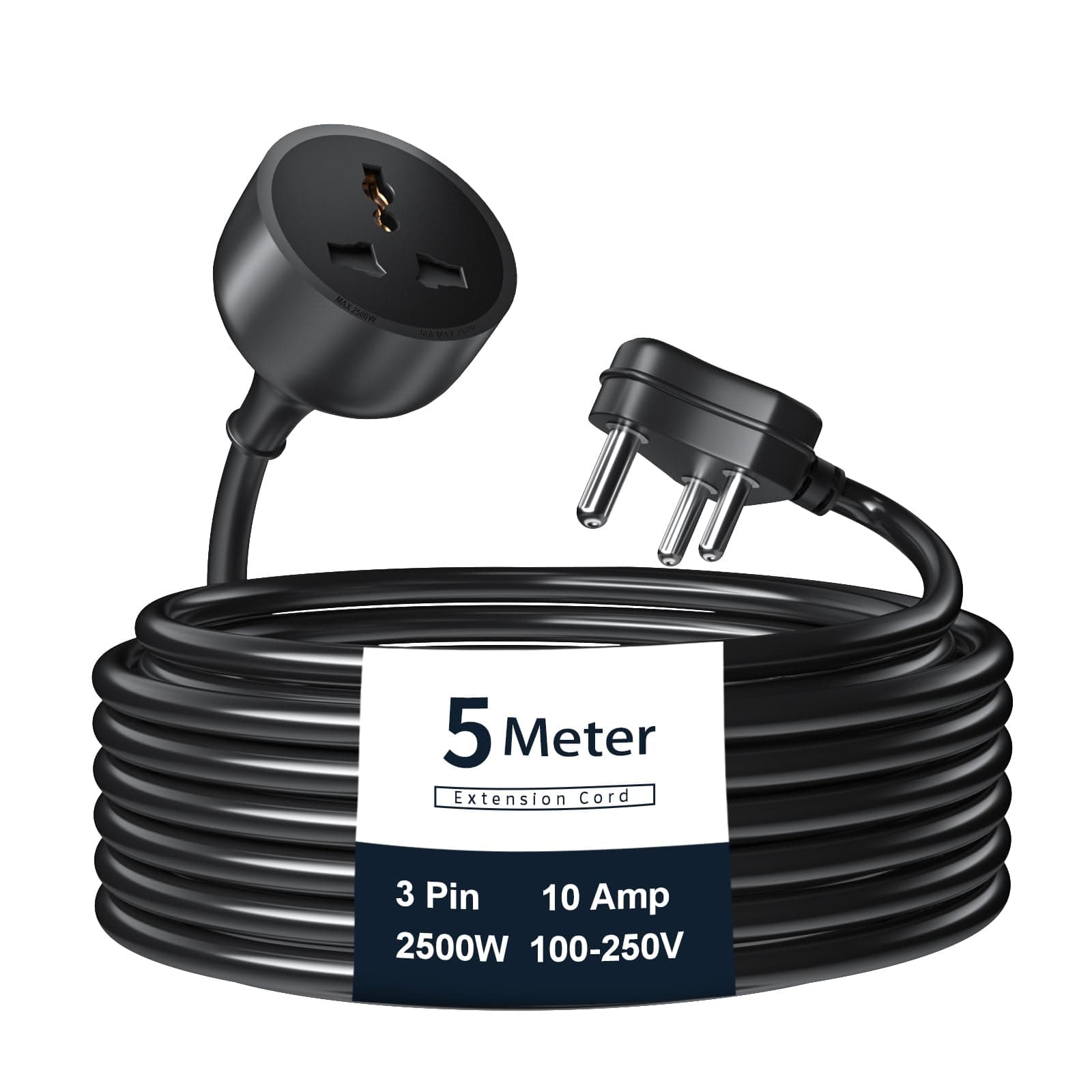 Hoteon Extension Board with 5 Meter Heavy Duty Long Wire Cord, Single Outlet Socket 2500W 10A Expandable Electric Extension, 3 pin Extension Cord, (5M / Black)-1Pcs
