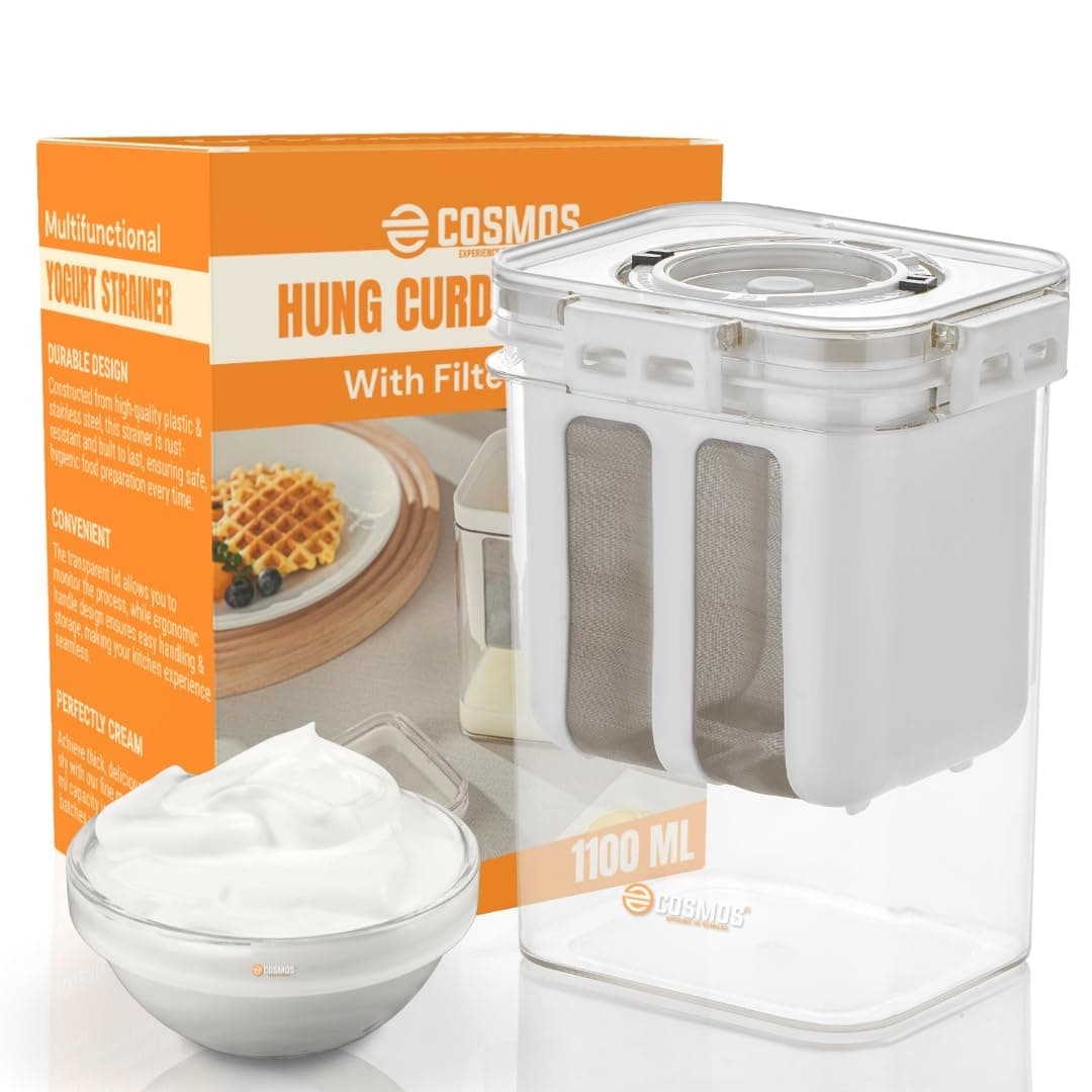 E-COSMOS Greek Yogurt & Curd Maker - 1100ml Fine Mesh Strainer with Lid | Multifunctional Yogurt Filter | Curd Maker for Home | Perfect for Homemade Yogurt, Curd, Cheese Maker