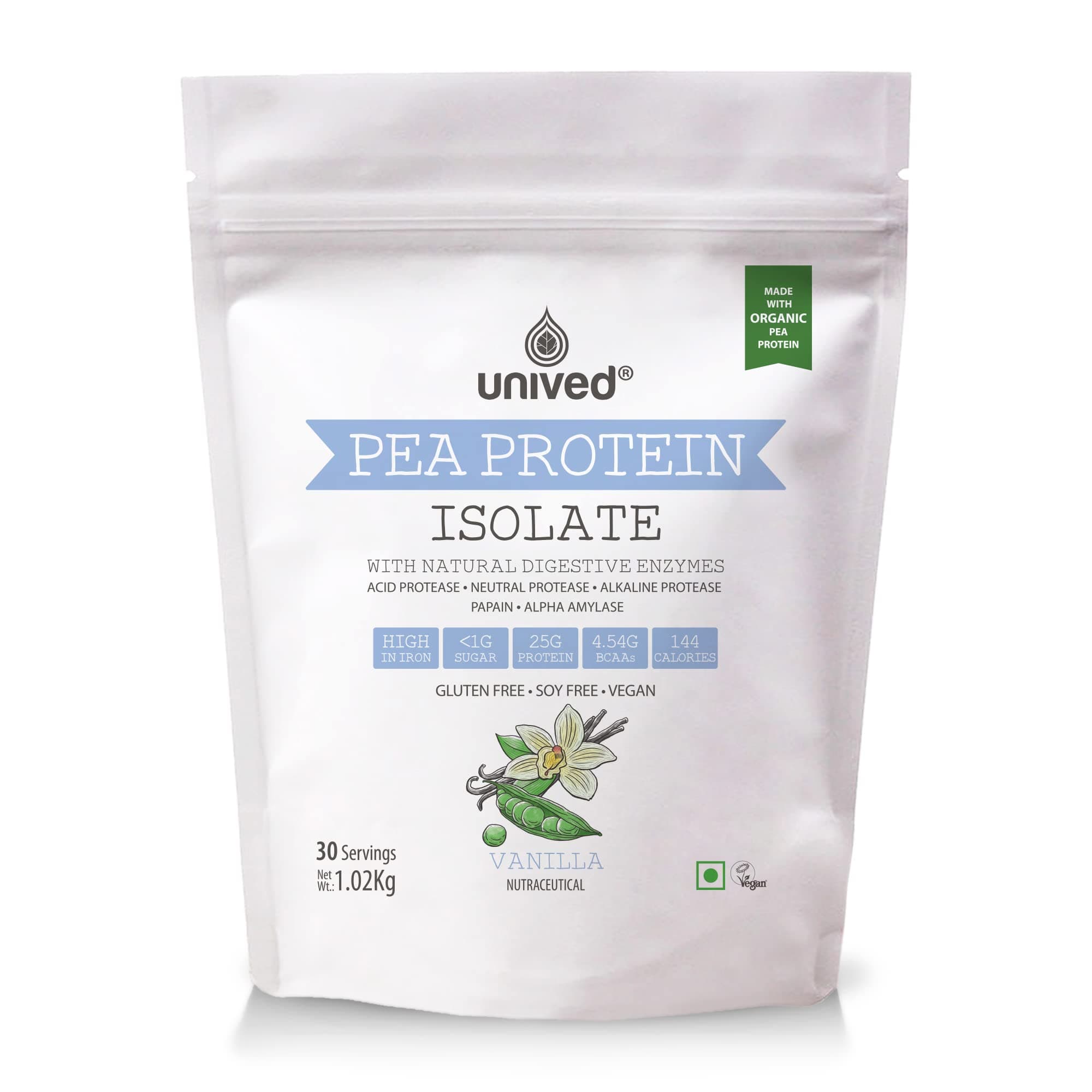 Unived Pea Protein Isolate with Natural Digestive Enzymes, 100% Vegan & Plant-Based, BCAAs, Amino Acid, Lean Muscle Development, Non-GMO & Sugar-Free, Natural (Vanilla 30 Servings)