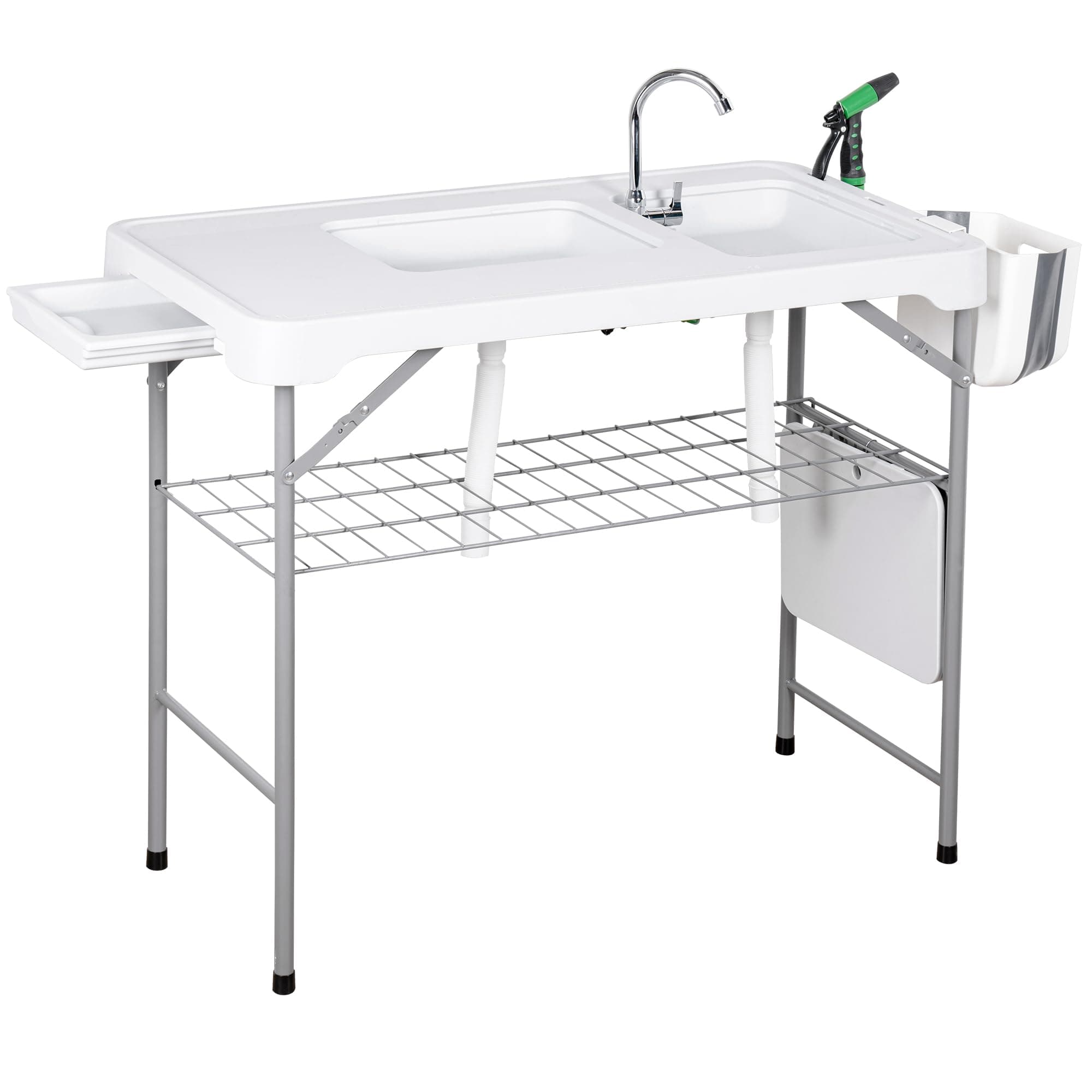 Allpop Fish Cleaning Table with 2 Sinks & Grid Rack, 42.5'' Portable Folding Camping Fish Station with Foldable Faucet, Drainage Hose, Sprayer, Storage Box, Drawer & Grooves for Picnic, White