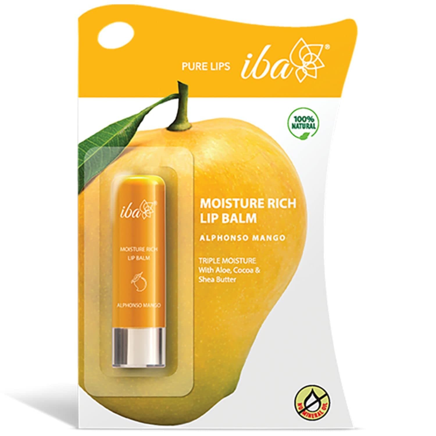 Iba Pure lips Moisture Rich Lip Balm - Alphonso Mango 4.5 g | For Pigmented Dry Damaged & Chapped Lips | Enriched with Cocoa Butter Shea Butter l Glossy Finish| 100% Natural Vegan & Cruelty-Free