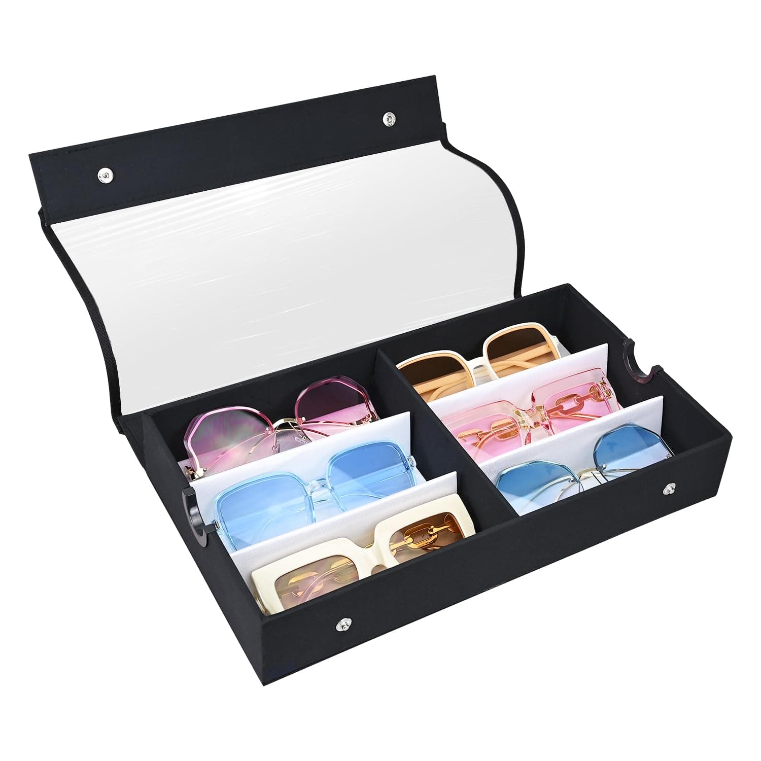 Ikee Design Large 6 Slot Eyewear Storage Organizer Box Display Case Holder, Durable Eye Glasses Storage for Eyeglasses, Watches and Jewelry 13 3/8 W x 7 3/4 D x 2 1/4 H in, Black