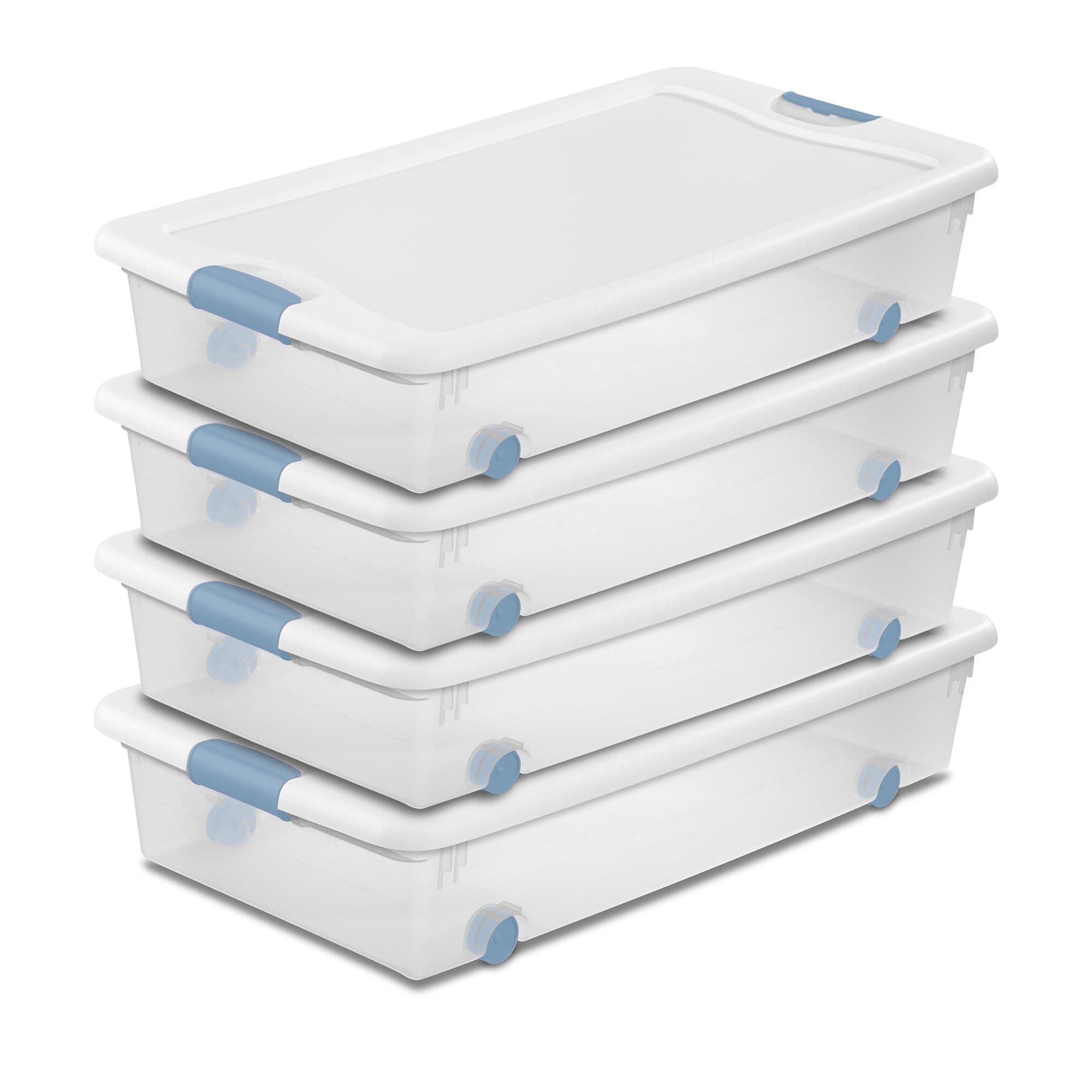 Sterilite 4-Pack 56 Quart Wheeled Latching Box, Underbed Clear Plastic Storage Organizer - Under Bed Rolling Container Bin with Lid and Wheels for Home or Dorm Bedrooms and Closets