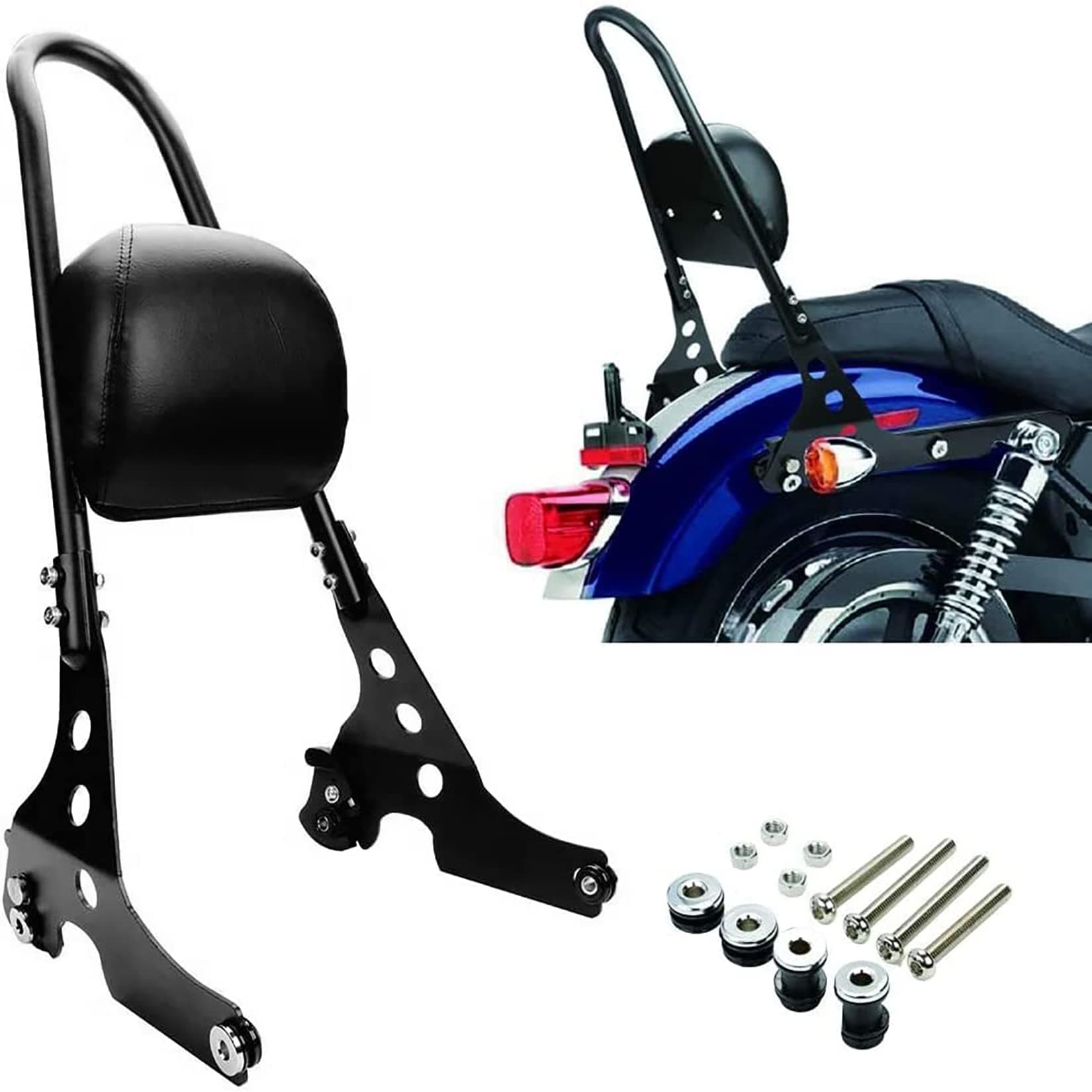 Adjustable Detachable Rear Passenger Backrest Sissy Bar Seat Pad For Harley Sportster XL 883 1200 2004-up (Black)