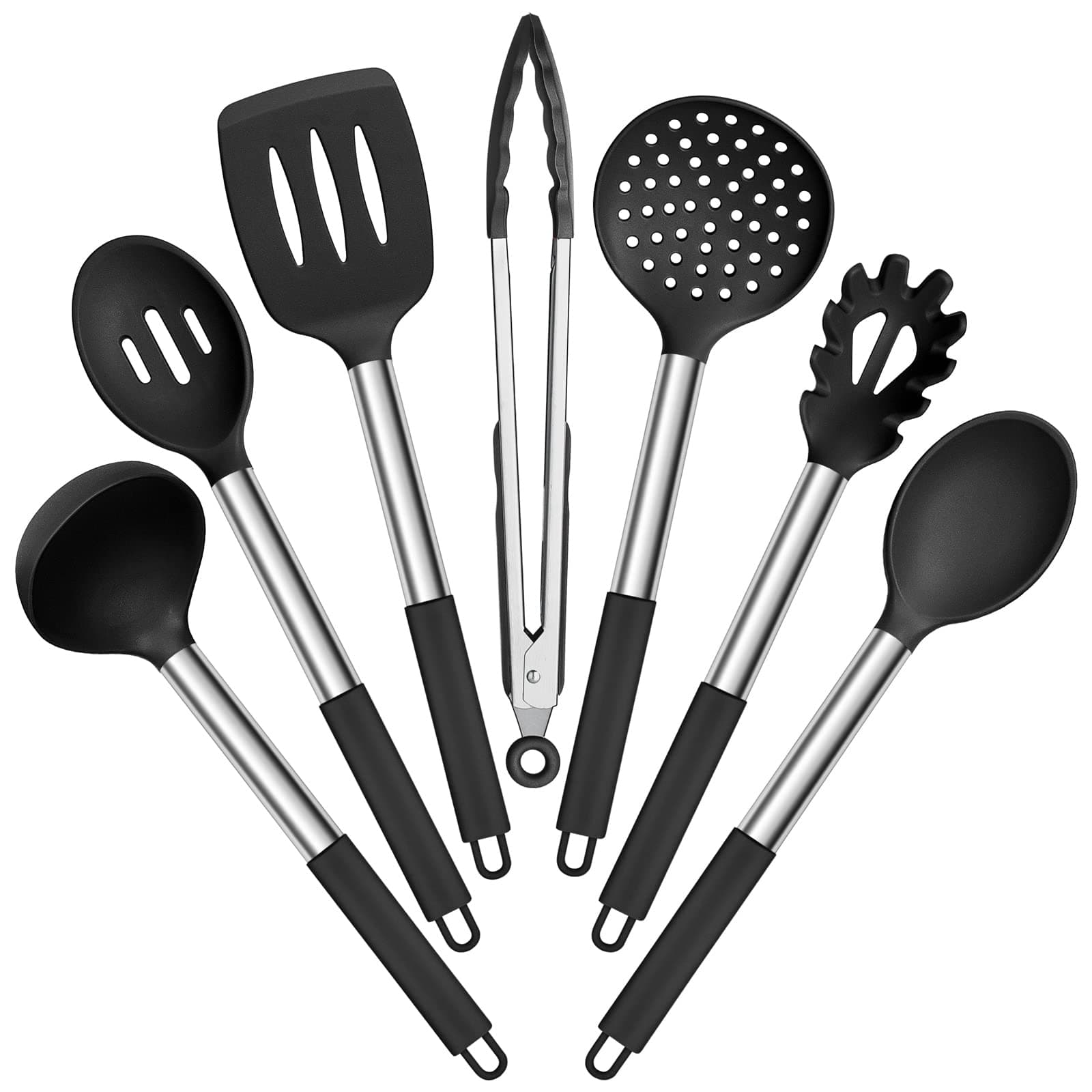Silicone Cooking Utensils Set, 7 Pcs Heat Resistant Kitchen Utensils with Stainless Steel Handle, Slotted Turner, Spoon, Soup Ladle, Pasta Server, Skimmer, Tongs for Nonstick Cookware, Black