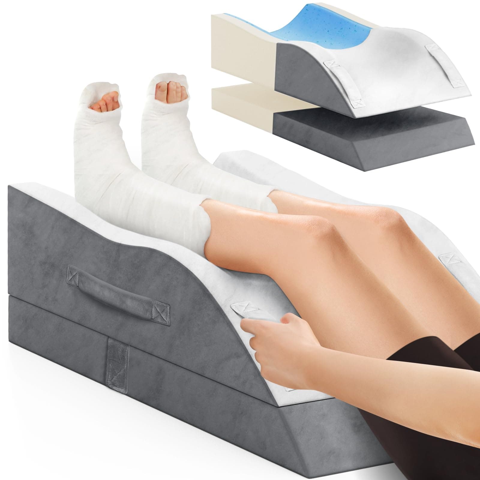 Double Leg Elevation Pillows, Wedge Pillow for After Surgery, Memory Foam Support Adjustable, Comfort Care for Back Knee Hip Ankles Pain, Knee Pillow for Sleeping Blood Circulation Dark Grey & White