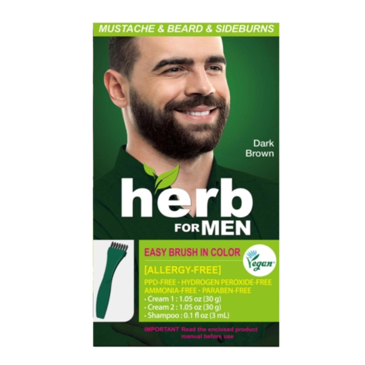 Herb For Men Mustache & Beard Dye (Dark Brown, 1 Pack), PPD-Free Ammonia-Free, Vegan with Natural Ingredients, Gentle for Sensitive Skin, No Skin Irritation