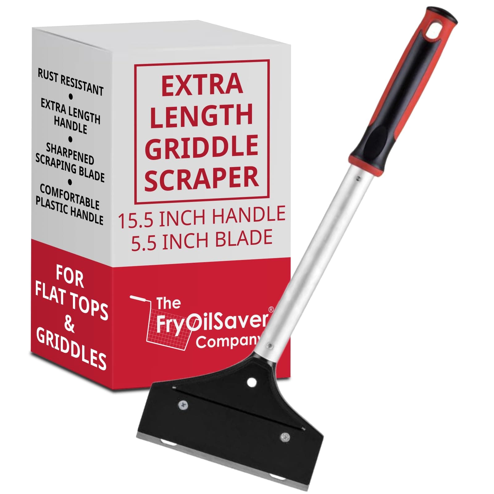 Heavy Duty Griddle Scraper for Flat Top Grills – 15.5” Long Handle Cleaning Tool w/ 5.5” Replaceable Flat Stainless Steel Blade - Removes Burnt-On Food & Grease - by FryOilSaver Co. - 90018