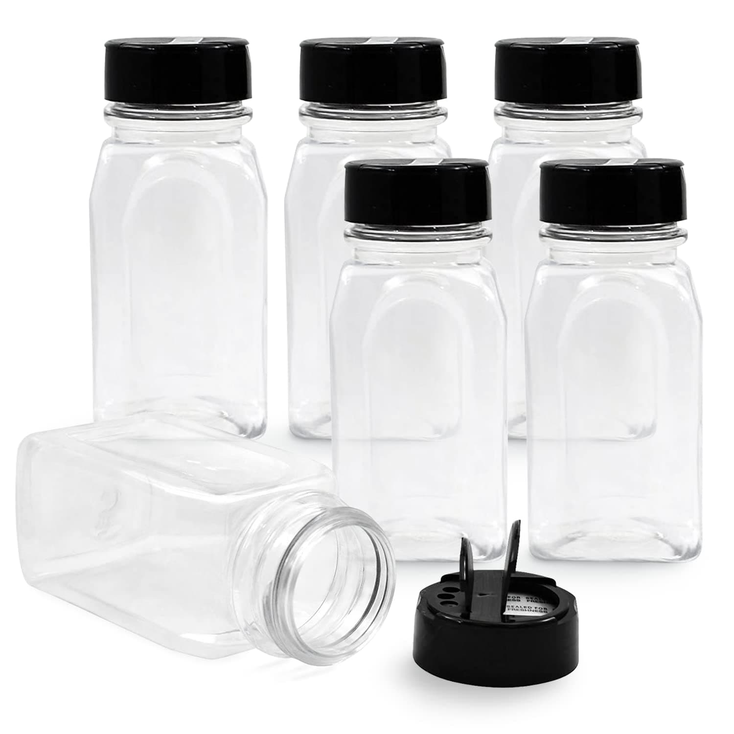 RoyalHouse 6 Pack 9.5 Oz Plastic Spice Jars with Black Cap, Clear and Safe Plastic Bottle Containers with Shaker Lids for Storing Spice, Herbs and Seasoning Powders, BPA Free, Made in USA