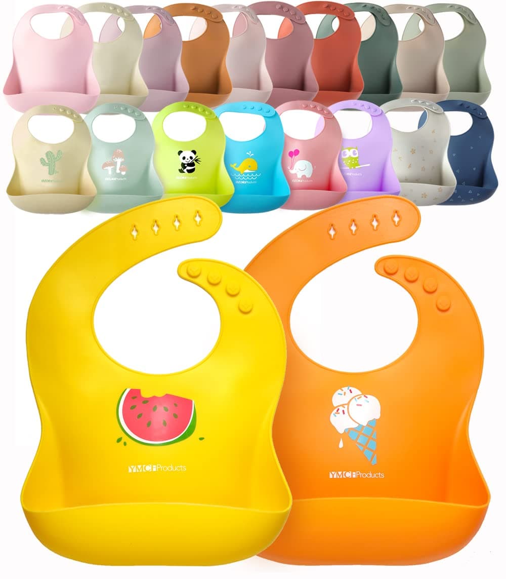 2-Pack Waterproof Silicone Baby Bib Lightweight Comfortable Easy-Wipe Clean (Orange/Yellow, Small)