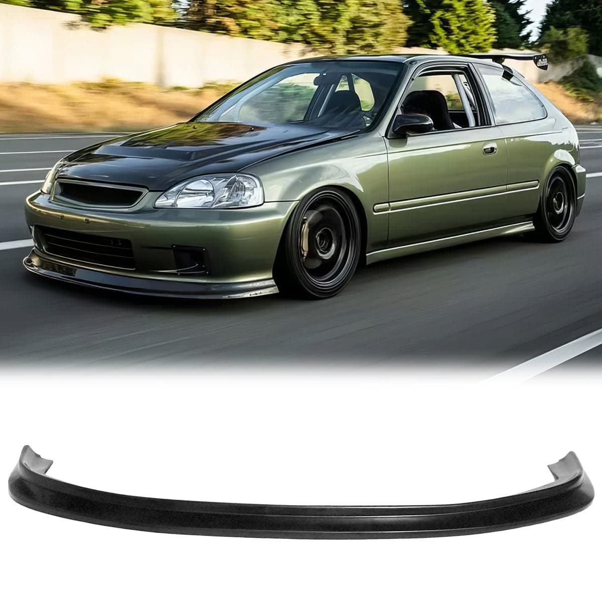 Front Bumper Lip Chin Spoiler, Compatible with 1999-2000 Honda Civic, MDP Style PU Front Lower Splitter Protector, Unpainted Black, 1PC