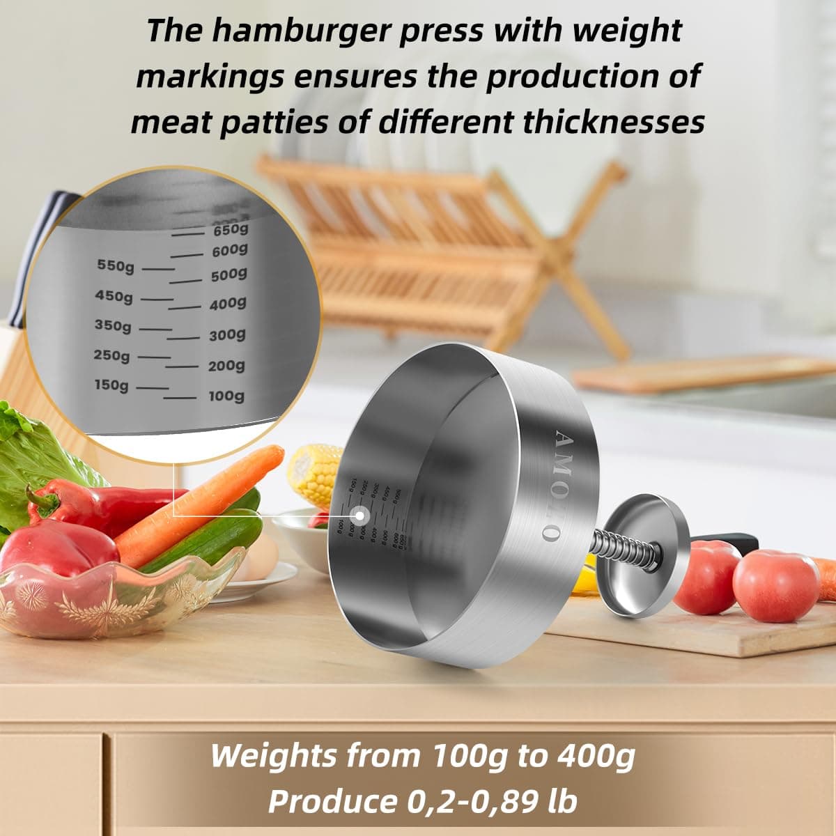 AMOZO Burger Press with Patty Maker100-Sheet Baking Paper, Stainless Steel Grill Burger Smasher Hamburger Patty Maker,Pattie Maker Shaper, Non-Stick Patty Press for Burger Lovers. (4.5 Inch)