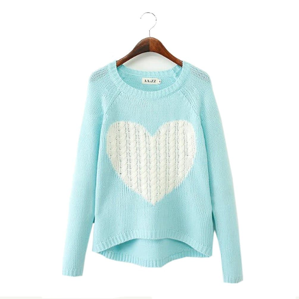 Gorgeous Big Heart Sweater Pullovers Casual Knitted Light Blue Size L