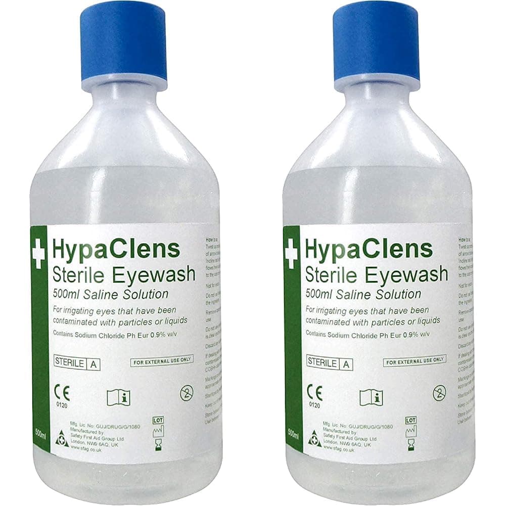 HypaClens Emergency Sterile Saline Solution Eye Wash Bottle (500 ml) - 0.9% Sodium Chloride Solution (Pack of 2)