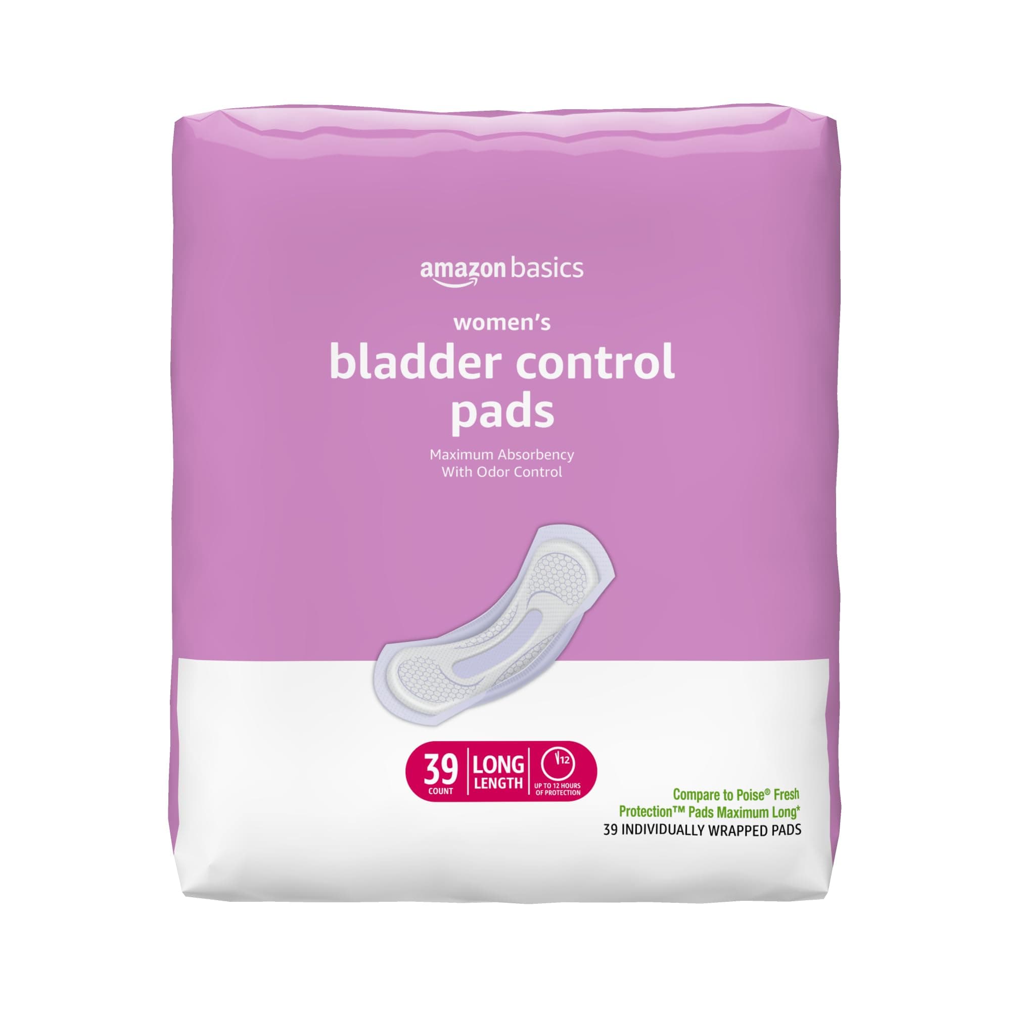 Amazon Basics Incontinence Pads for Women, Postpartum, Long, Maximum Absorbency, Bladder Control, Unscented, 39 Count