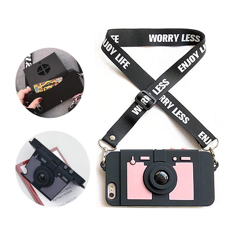 UnnFiko Wallet Case for iPhone X/Xs, Cute Camera Design, Purse Flip Card Pouch Stand Holder Cover Case with Long Shoulder Strap (Pink, iPhone X/Xs)