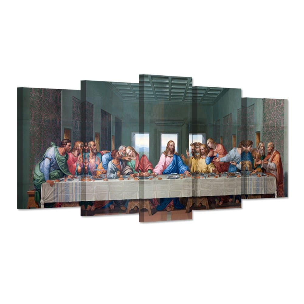 Large 5 Pieces Canvas Wall Art The Last Dinner Supper Family Party World Famous Painting Picture Print On Canvas Stretched For Living Room Ready To Hang
