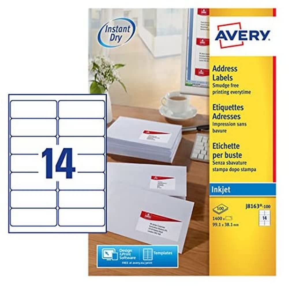 Self Adhesive Address Mailing Labels, Inkjet Printers, 14 Labels Per A4 Sheet, 1400 Quickdry (J8163), White