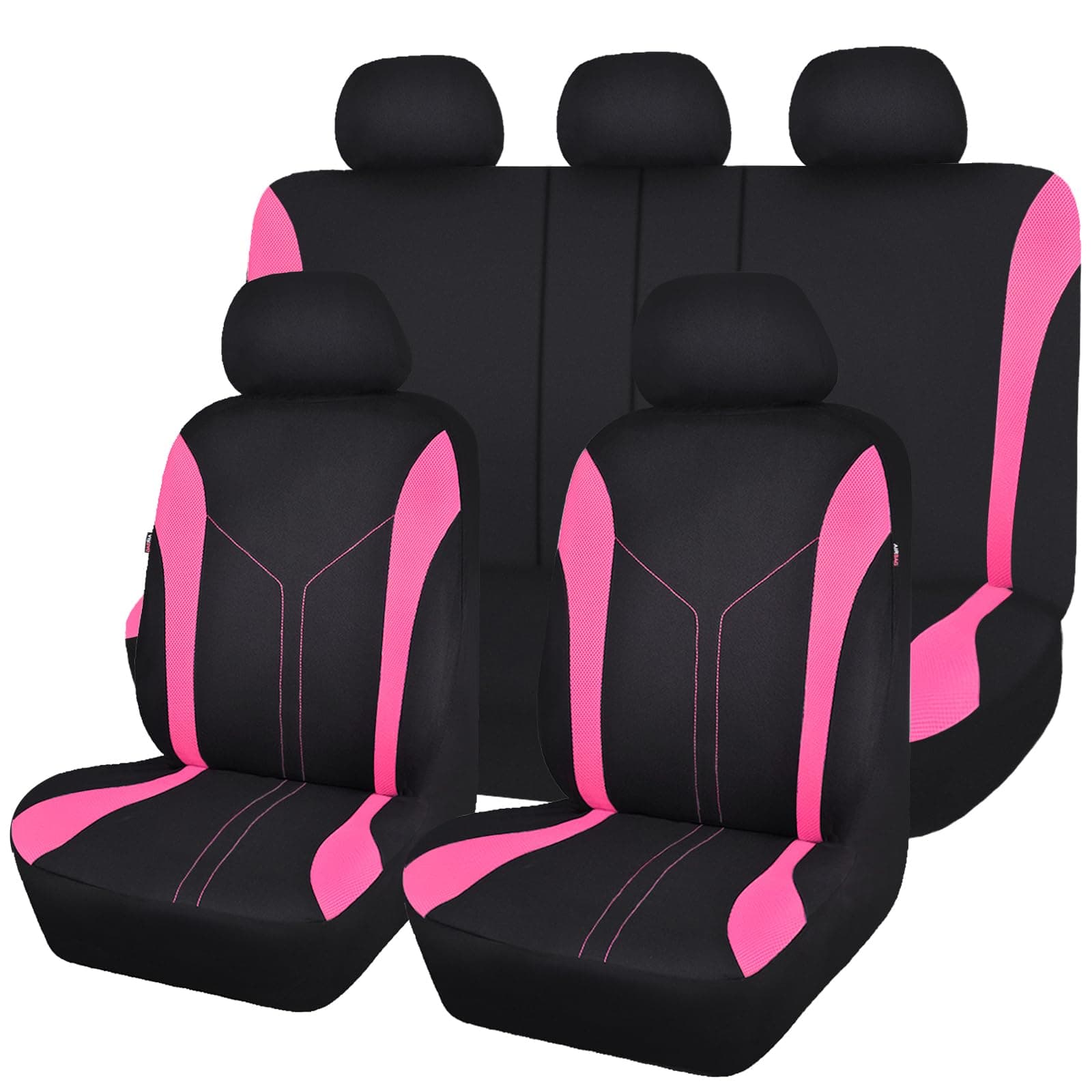 Car Seat Covers Full Set Front Seats and Rear Bench Mesh Fabric Splicing Polyester Cover Black with Pink Color