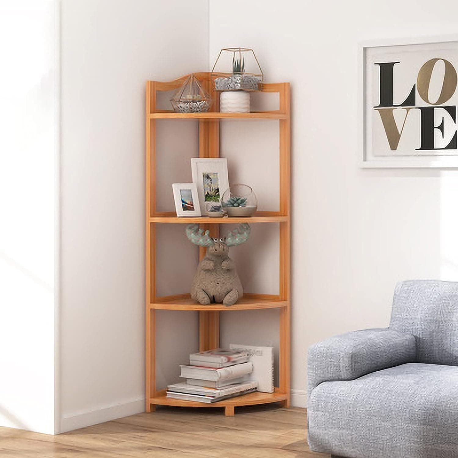 Vital 4 Tier Corner Shelf, Bamboo Multifunctional Rack Storage Organizer Plant Stand for Kitchen Living Room Bedroom Balcony Patio Garden, Natural