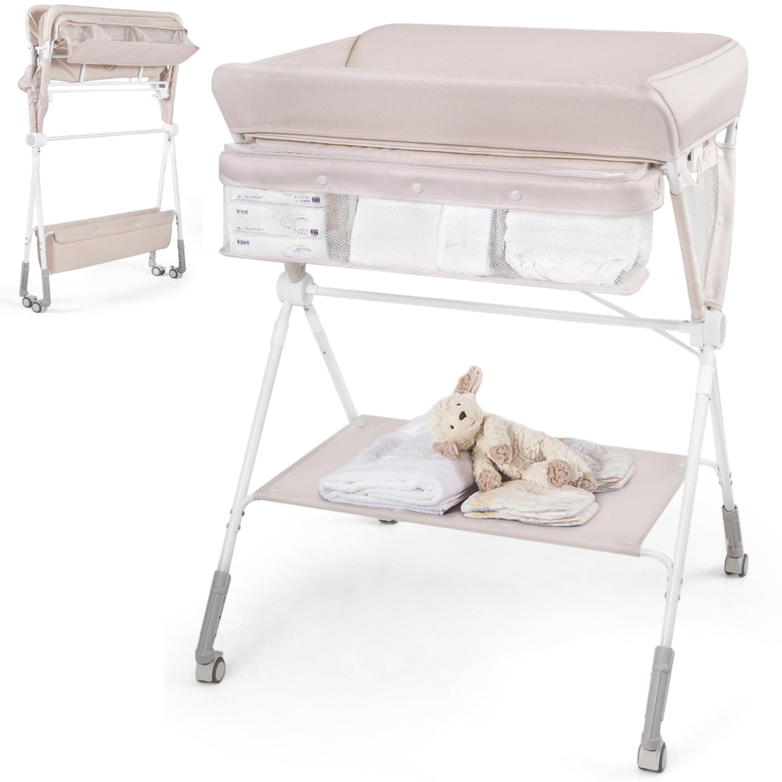 Maxmass Baby Changing Table, Folding Infant Diaper Changing Station with Wheels, Shelf and Storage Basket, Height Adjustable Nappy Table for Newborn (Beige)
