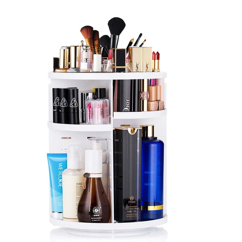 Vedusal Makeup Organizer, 360 Degree Rotating Adjustable Detachable Makeup Holder, Large Capacity Cosmetics Storage Drawers Display Box For Dresser, Bedroom, Bathroom (White)