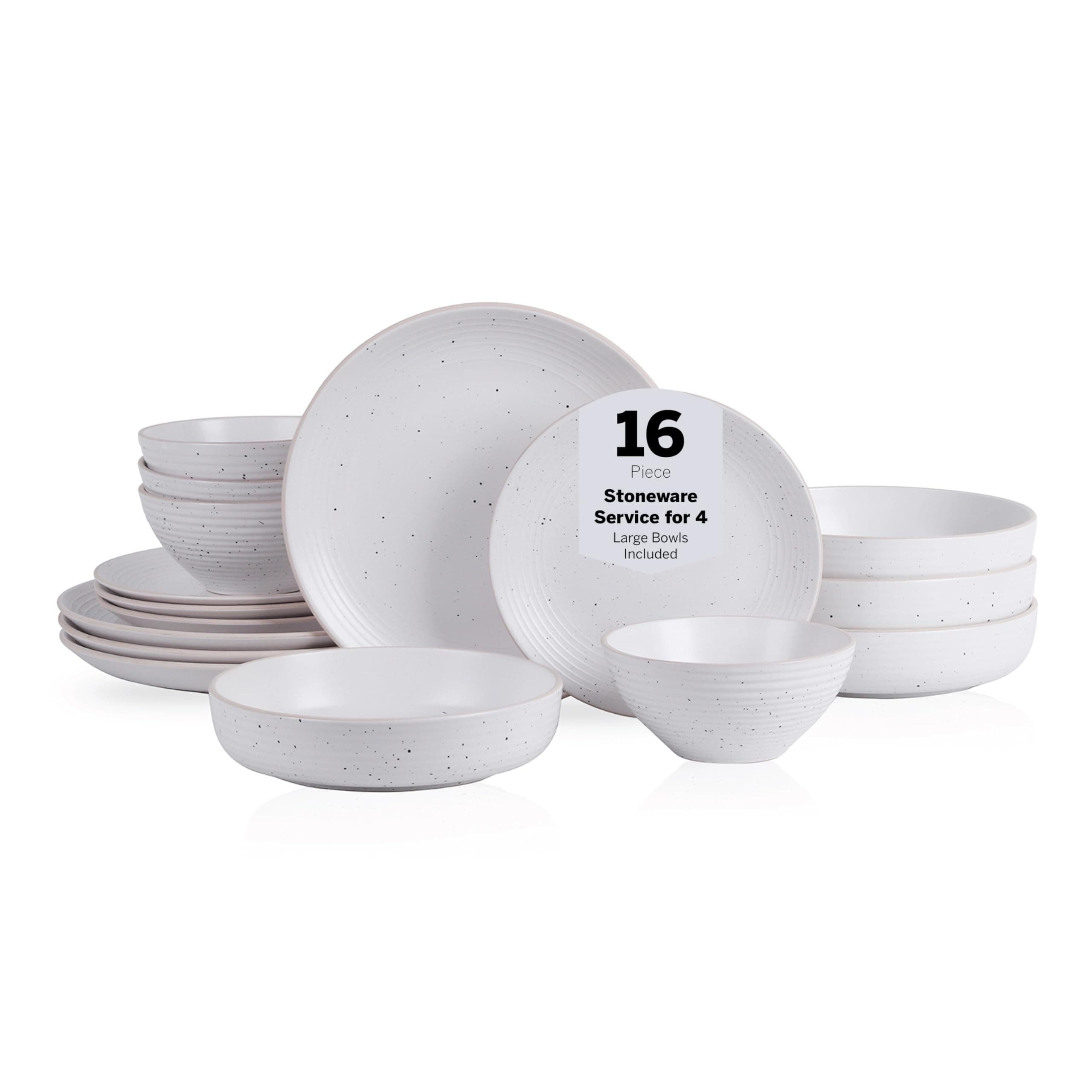 Lauren Stoneware, Rustic Plates and Bowls Set, Dinnerware, Service for 4, Speckled Off White, Dishwasher & Microwave Safe, 16-Piece