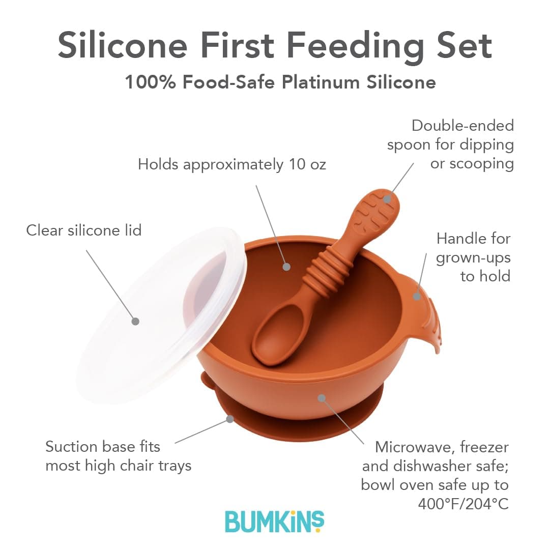 Bumkins Feeding Set with Suction, Includes Spoon and Lid, Training Essentials for Baby-Led Weaning, Toddler Self-Feeding, Babies Eating at 4 Mos Up, Clay