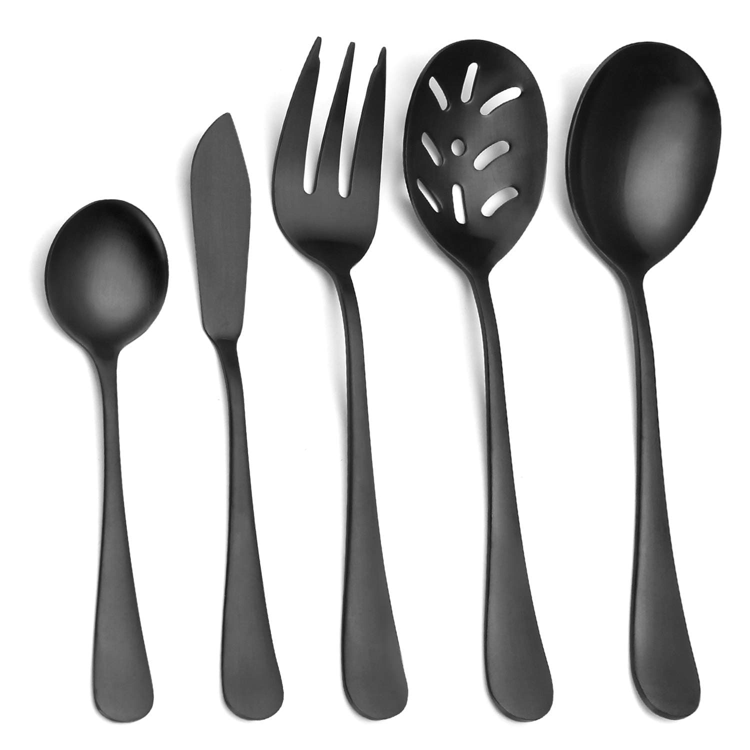 Matte Black Serving Set,SHARECOOK 5-Piece 18/0 Stainless Steel Large Hostess Set with Round Edge, Satin Finished, Dishwasher Safe -Spoons, Forks,Butter Knife& Slotted Spoon