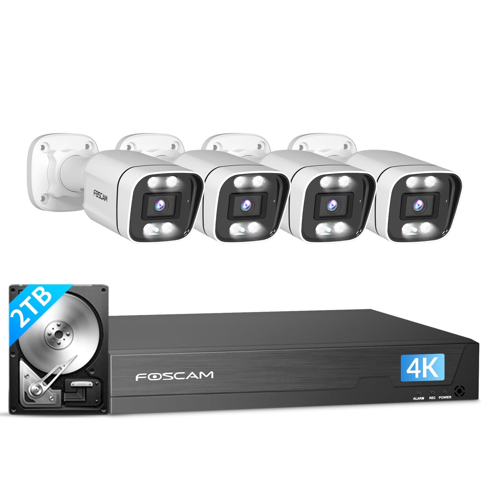 FOSCAM 4K 8MP NVR PoE Security Camera System 8 Channel NVR 4pcs Wired Outdoors IP PoE 8MP Security Cameras, 2TB HDD, Color Night Vision, 2-Way Audio, AI Human Vehicle Detection, IP66 Waterproof
