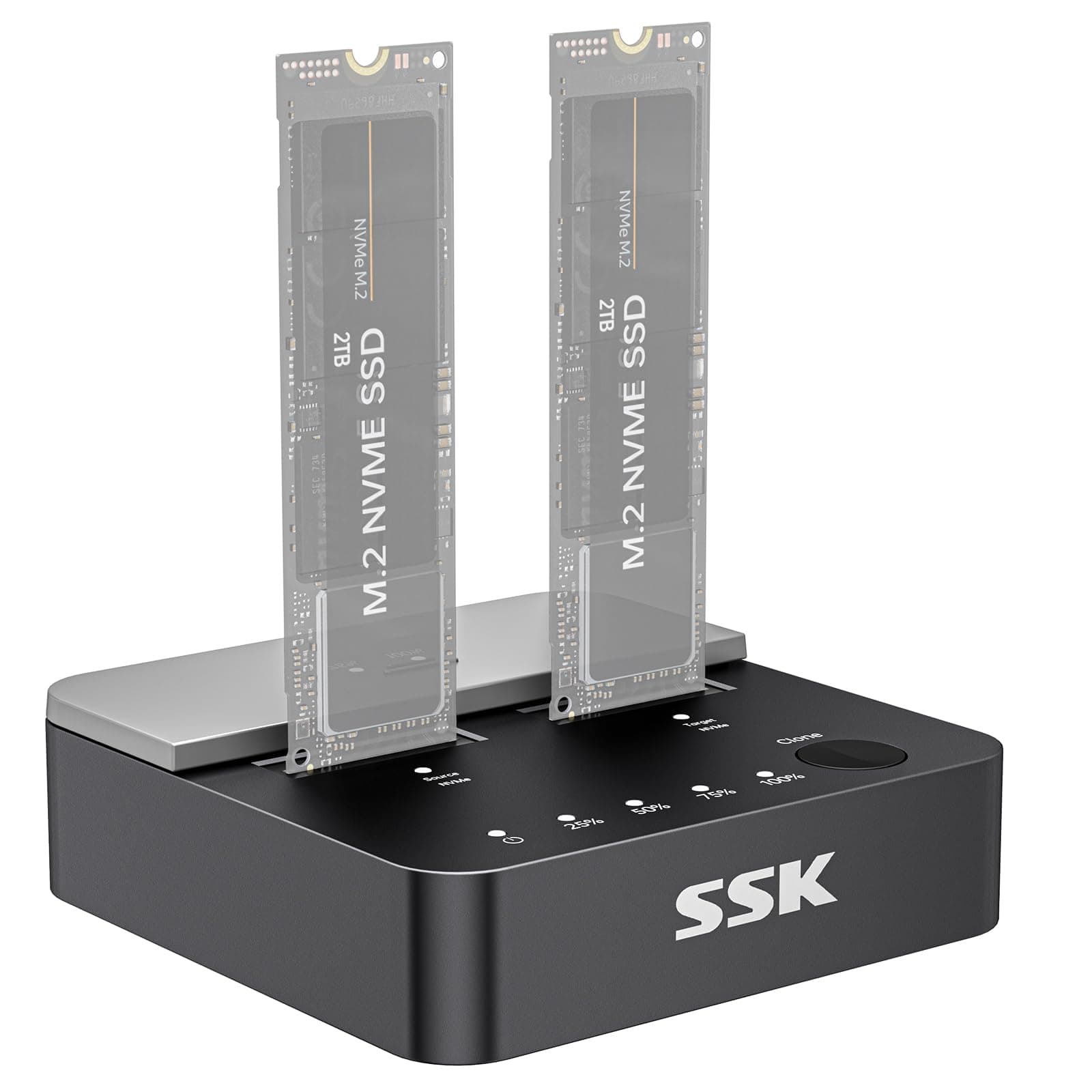 SSK NVMe SSD Cloner, M.2 Duplicator Dual Bay NVMe Enclosure, Toolless 20Gbps USB3.2 Gen 2X2 SSD to USB M.2 Adapter M Key PCIE NVMeSSD Reader Docking Station Supports Offline Clone