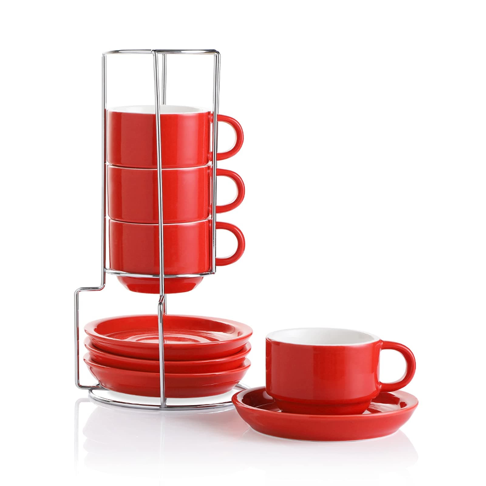 SweejarPorcelain Espresso Cups with Saucers, 4 Ounce Stackable Cappuccino Cups with Metal Stand for Coffee Drinks, Latte, Tea - Set of 4 (Red)