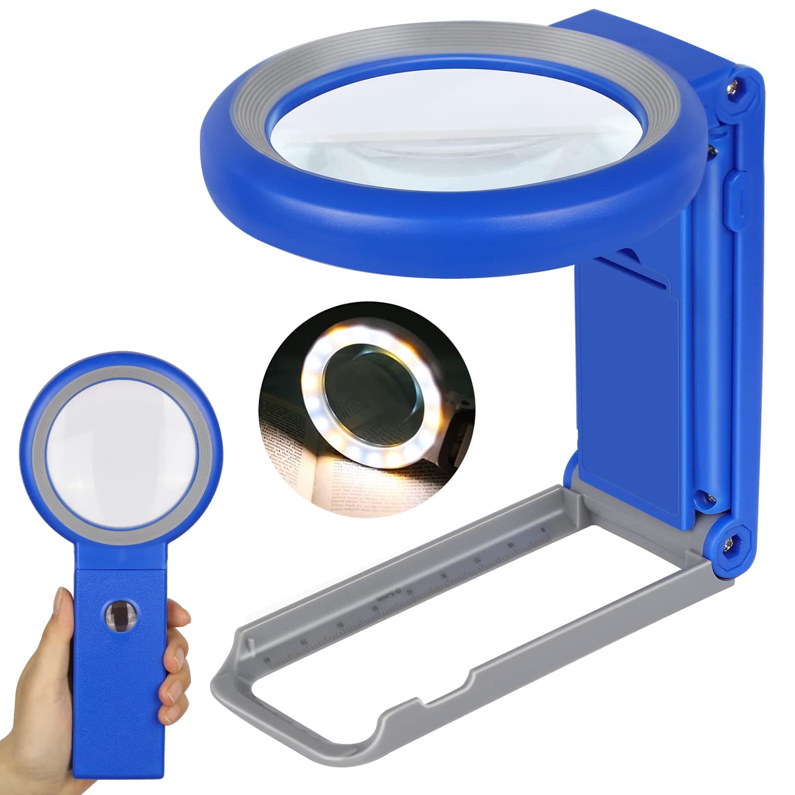 Magnifying Glass with Light and Stand, Foldable Handheld Magnifying Glass 18 LED Illuminated Lighted Magnifier for Macular Degeneration, Seniors Reading, Close Work, Coins, Jewelry Blue