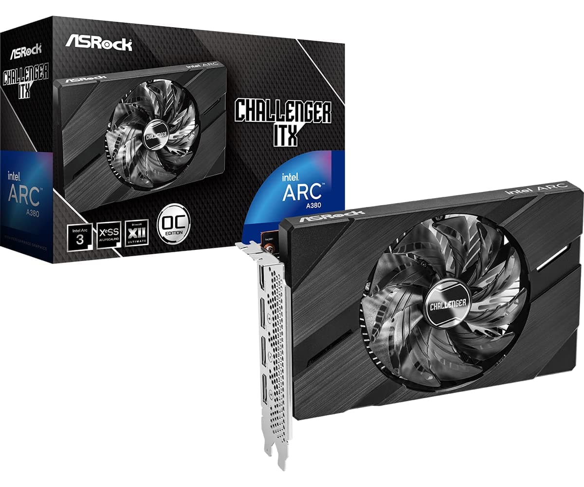ASRock Intel Arc A380 Challenger ITX 6GB OC Graphics Card | Single Slot ITX | 2250 MHz | 6GB GDDR6 | DisplayPort 2.0 | HDMI 2.0b | 0dB Cooling | 8K Support | 500W | DirectX 12 Ultimate | PCle 4.0