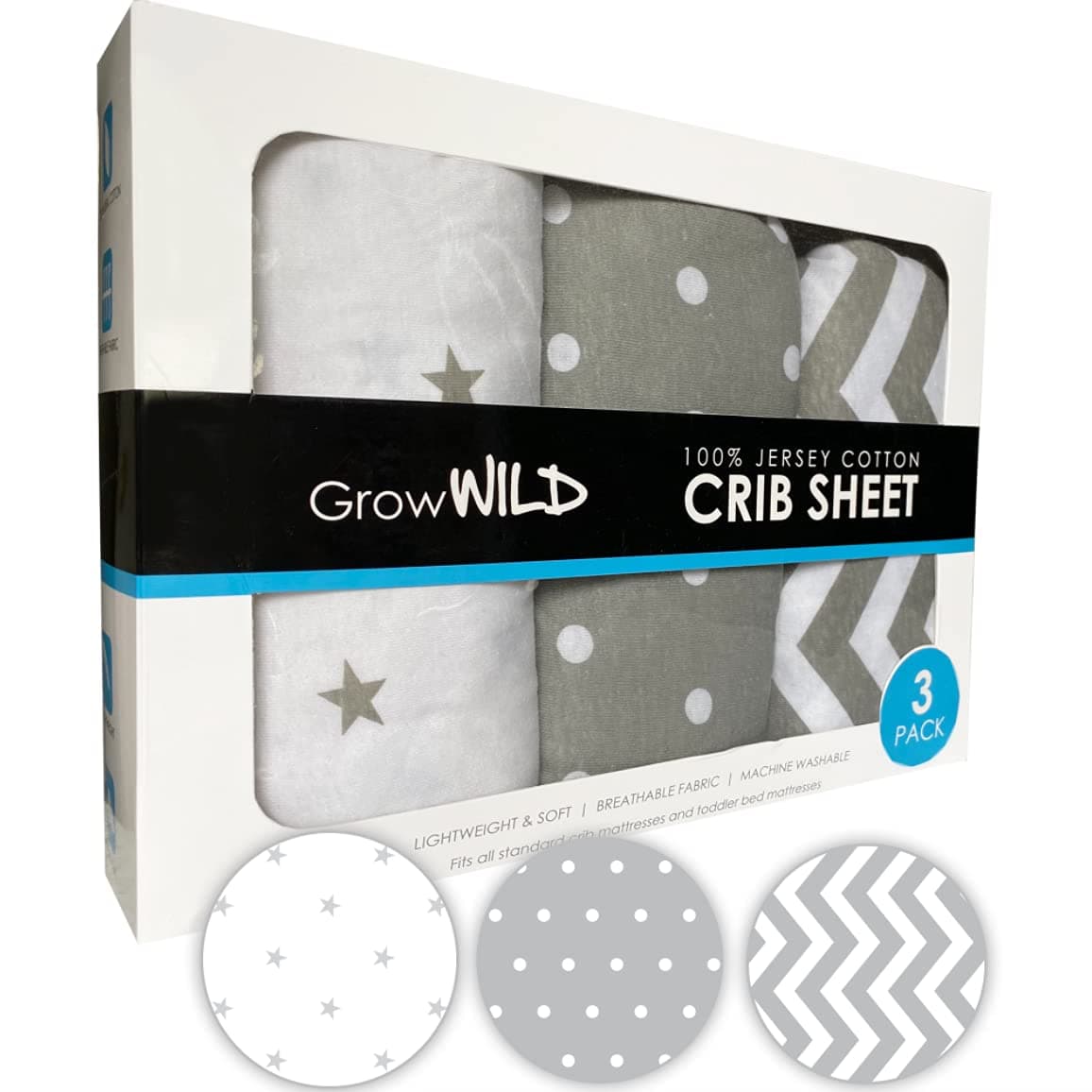 GROW WILD Grey Crib Sheets Neutral 3 Pack | 100% Cotton Baby Crib Sheets for Boys or Girls | Fitted Crib Mattress Sheets | Baby Sheets for Crib Mattress or Toddler Bed Sheet | Crib Fitted Sheet