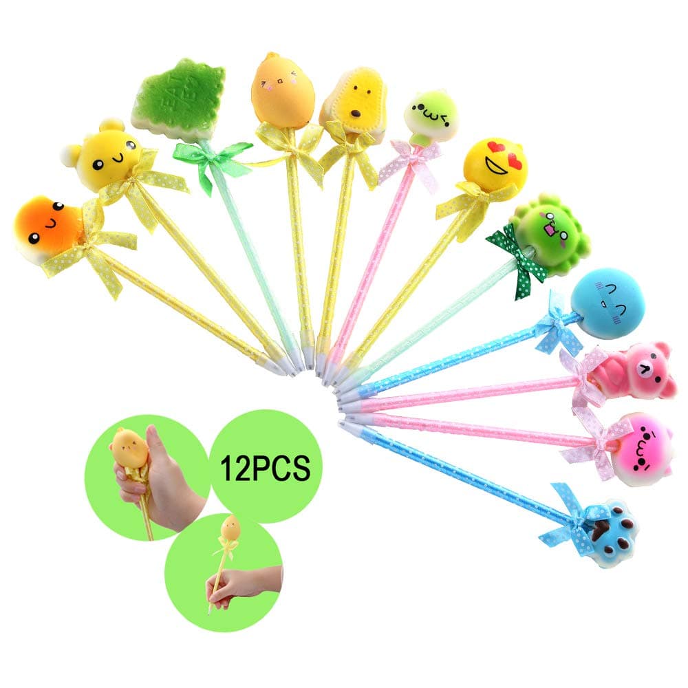 12PCS Random Cute Pen Squishy Set, Scented Topper Squishies, Slow Rising Party Favors/School Supplies/Birthdays Gifts for Boys/Girls/Kids, Include Bun/Cat/Bread