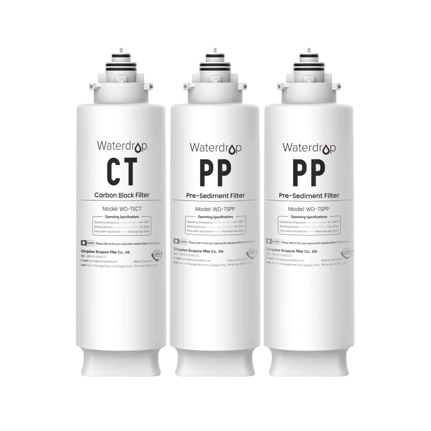 Waterdrop Undersink Replacement Water Filter, 2PP+CT, Replacement for TSU-W, TSC 3-Stage Under Sink Water Filter System