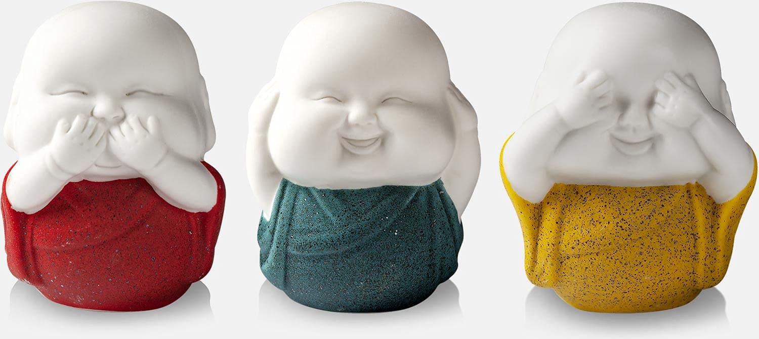 Three Wise Monks, Ceramic Baby Buddha Statues, Hear No Evil See No Evil Speak No Evil Statues, Set of 3 Buddha Figurines (White)