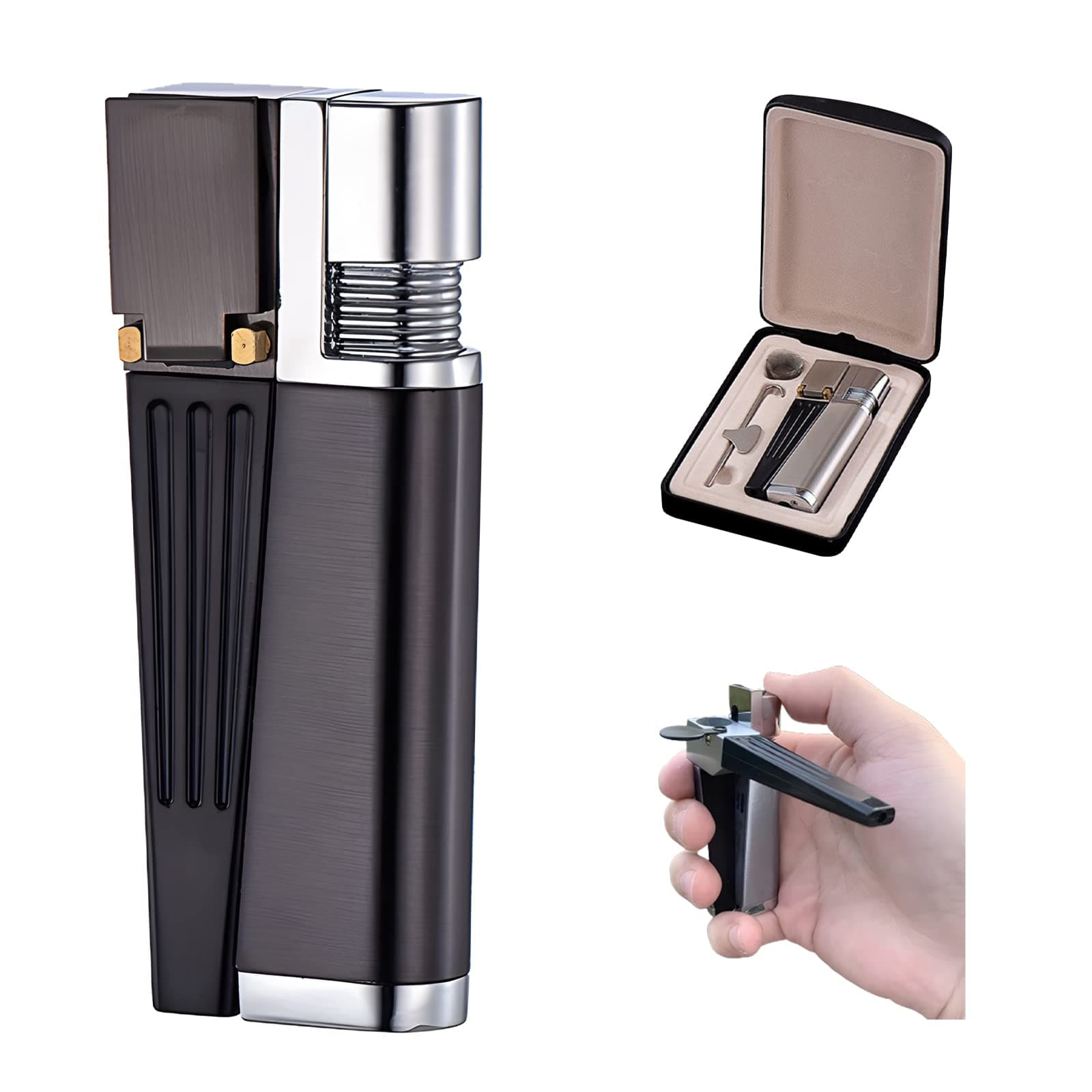 Portable Hitter Lighter, 2 in 1 Set Metal Lighter with Pipe Foldable Portable Lighter Open Flame Men's Gadget for Camping BBQ Kitchen (Black Style A)