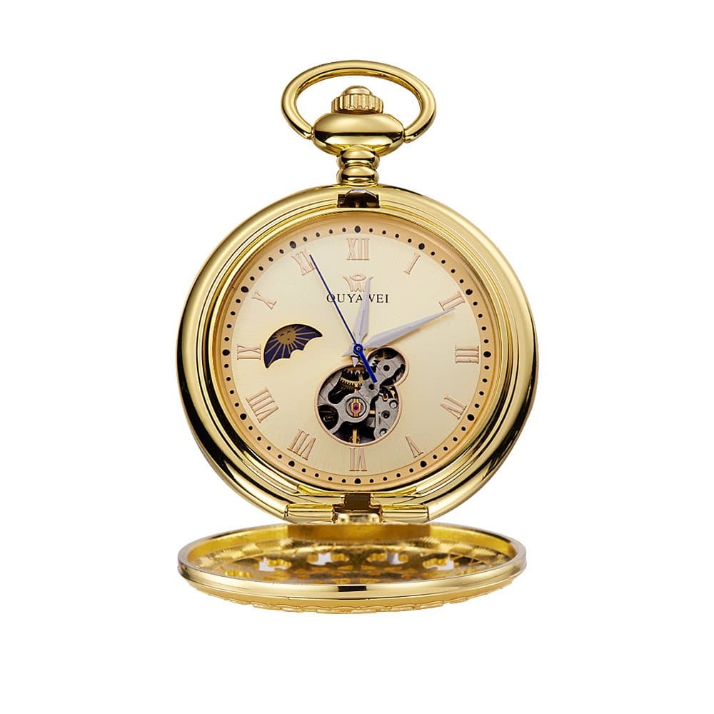 Antique Fob Watch Skeleton Carved Case Moon Phase Function Mechanical Pocket Watch (Gold)