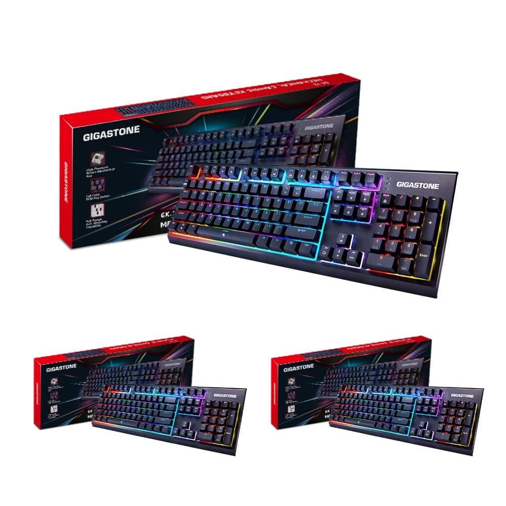 Gigastone Brown Switch Gaming Keyboard 3 Pack, Rgb Led Rainbow Backlit Gaming Keyboard, Tactile Brown Switch, Precise Tactile Feedback, Full Anti-Ghosting, Full Size 104 Keys, Wireless