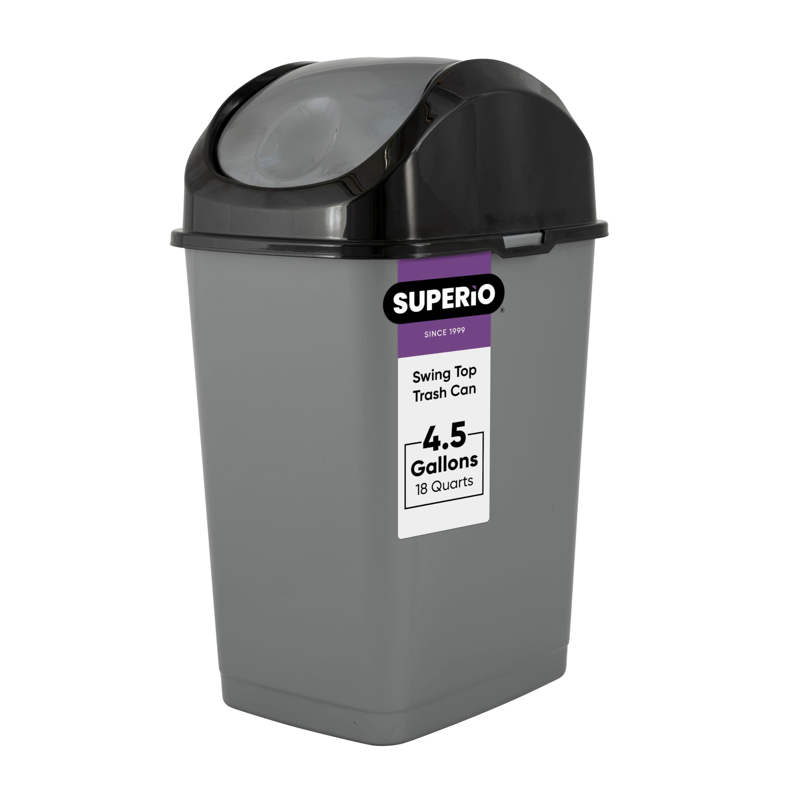 Superio Small Trash Can with Lid 4.5 Gallon Plastic Swing Top Garbage Can Slim Waste Bin for Under Sink/Cabinet, Laundry Room, Kitchen, Office, Bedroom, Bathroom, College Dorm, 18 Qt, Gray/Black